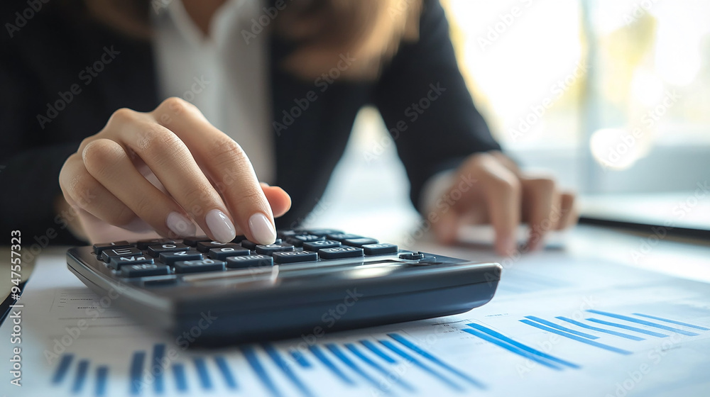 Business finance and accounting concept. Businesswoman using calculator to calculate financial report Business finance and accounting concept. Businesswoman using calculator to calculate financial report