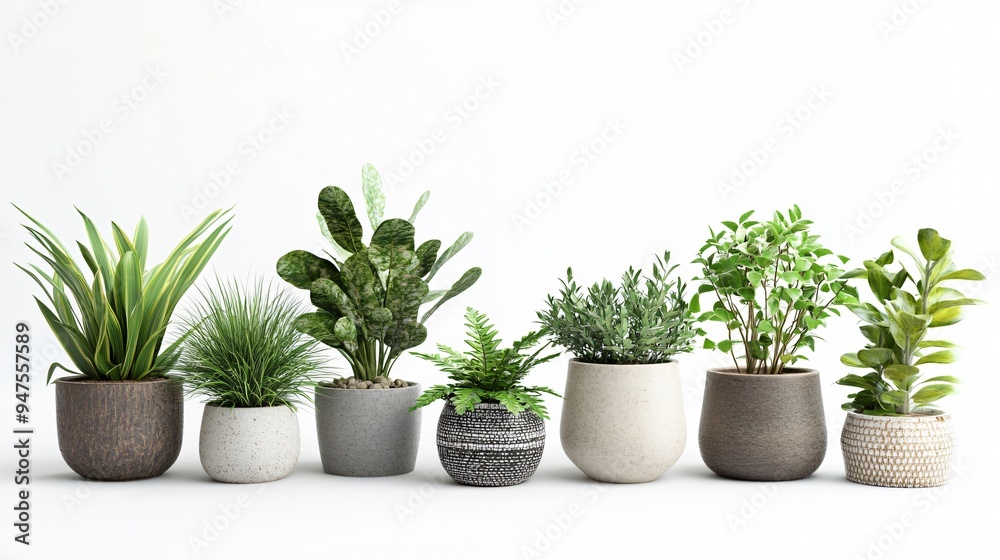 Fototapeta premium Assorted Houseplants in Stylish Pots on White Background