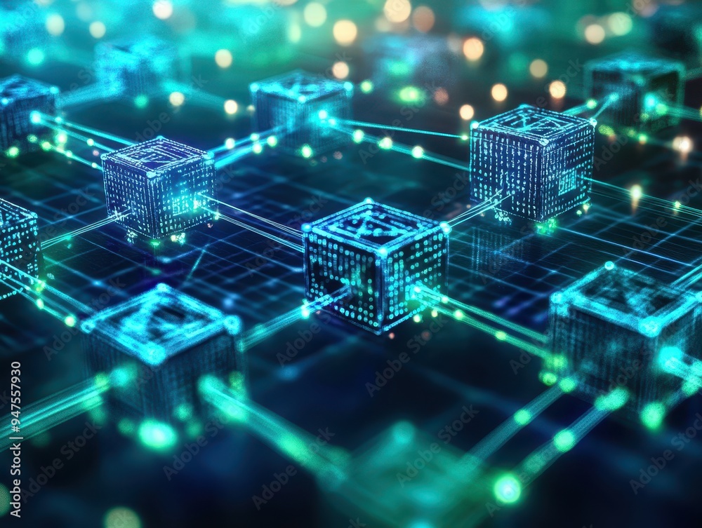 Abstract 3D Render of a Network of Glowing Cubes, Digital Network Technology Concept. Abstract 3D Render of a Network of Glowing Cubes, Digital Network Technology Concept.