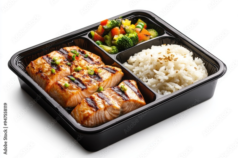 a bento box featuring perfectly cooked grilled salmon, fluffy rice, and vibrant vegetable stir fry. a bento box featuring perfectly cooked grilled salmon, fluffy rice, and vibrant vegetable stir fry.
