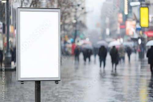 Advertising Banner Mockup on Busy Street in Rainy Day - Design for Outdoor Promotions. photo