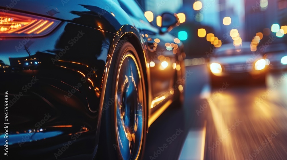 Night Drive: Black Car in Motion with City Lights Night Drive: Black Car in Motion with City Lights