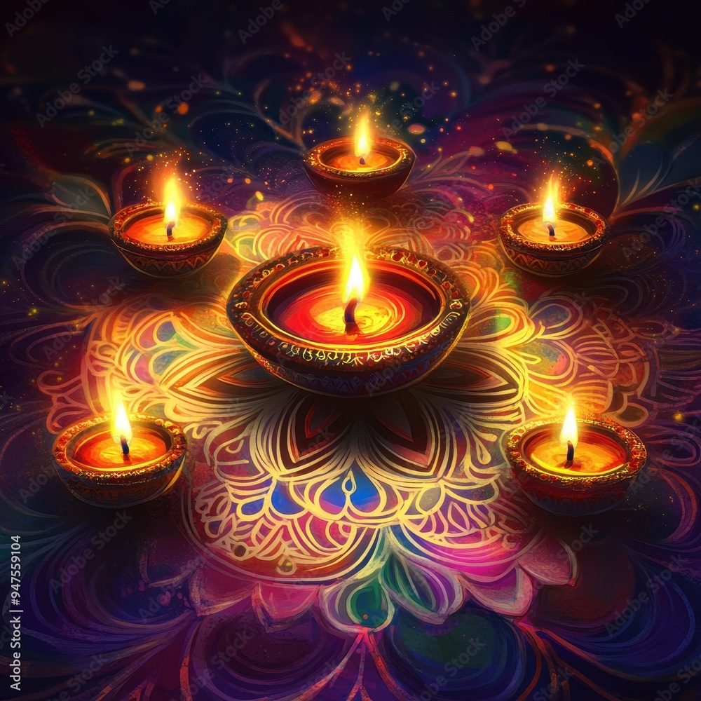 Diwali Festival of Lights with Ornate Mandala and Burning Diyas. Diwali Festival of Lights with Ornate Mandala and Burning Diyas.