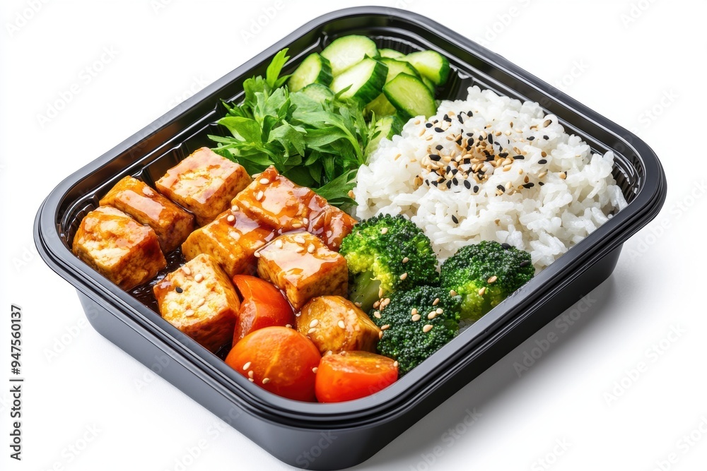 a bento box featuring teriyaki tofu, fluffy rice, and steamed vegetables. a bento box featuring teriyaki tofu, fluffy rice, and steamed vegetables.