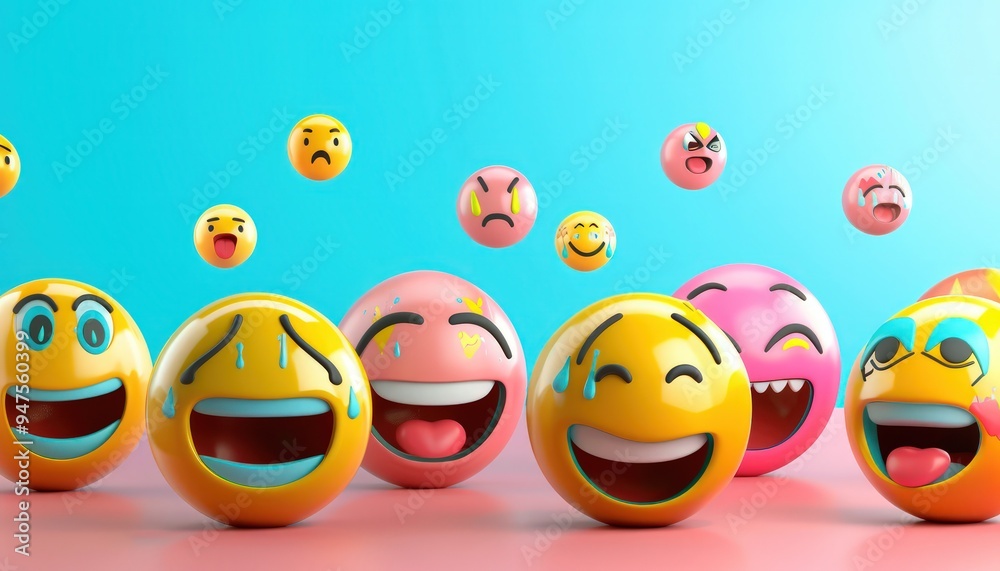 Vibrant 3D emojis with various emotional faces, with open text area, in Vibrant 3D emojis with various emotional faces, with open text area, in