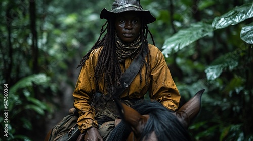 a person riding horseback through dense forests