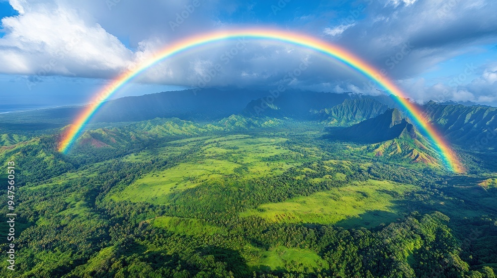 Rainbow Over Lush Mountains