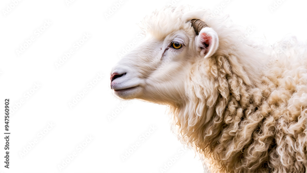 Naklejka premium portrait of a sheep png, White fluffy sheep in a farm setting, portrait style isolated on a clean PNG background, adorable and soft-looking farm animal, ideal for agricultural themes, pastoral scenes,