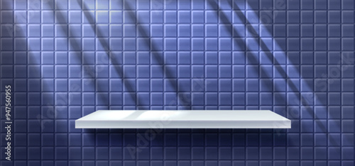 White shelf on blue tile wall with shadow from window. Realistic 3d vector illustration of bathroom or kitchen interior with product podium. Display platform or showcase pedestal with ceramic plate.