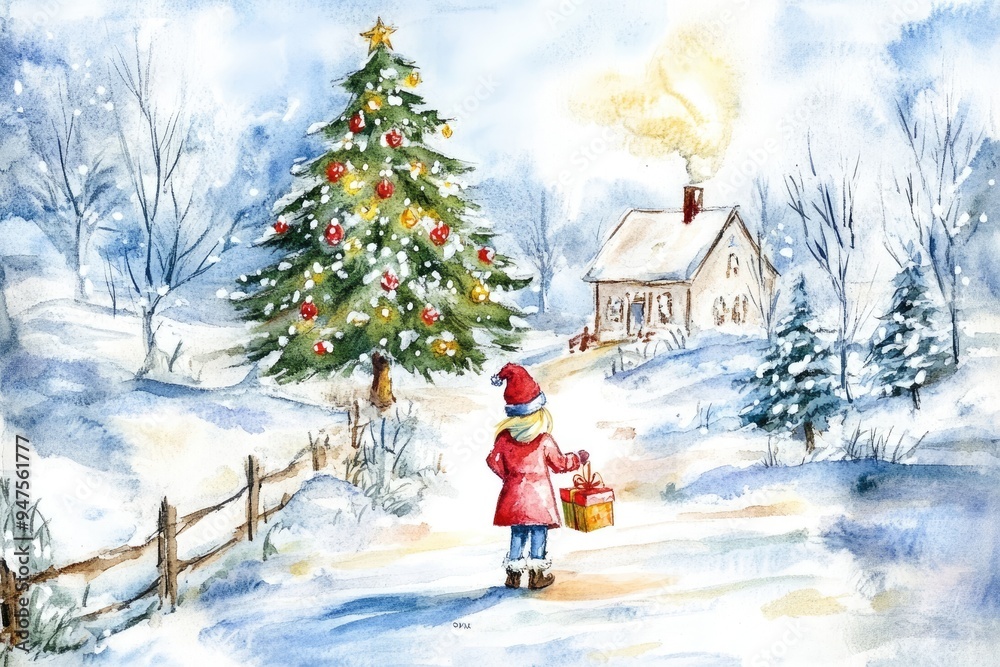 A child in a red coat walks through a snow-covered path, holding a gift box while admiring a festive Christmas tree near a warm house A child in a red coat walks through a snow-covered path, holding a gift box while admiring a festive Christmas tree near a warm house