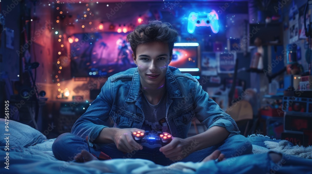 Joyful youth - a delighted child engaged in video gaming, showcasing excitement and immersive experience of digital play, emphasizing fun and interactive nature of electronic entertainment. Joyful youth - a delighted child engaged in video gaming, showcasing excitement and immersive experience of digital play, emphasizing fun and interactive nature of electronic entertainment.