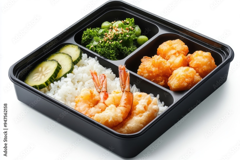 a bento box featuring crispy shrimp tempura, fluffy rice, and pickles. a bento box featuring crispy shrimp tempura, fluffy rice, and pickles.
