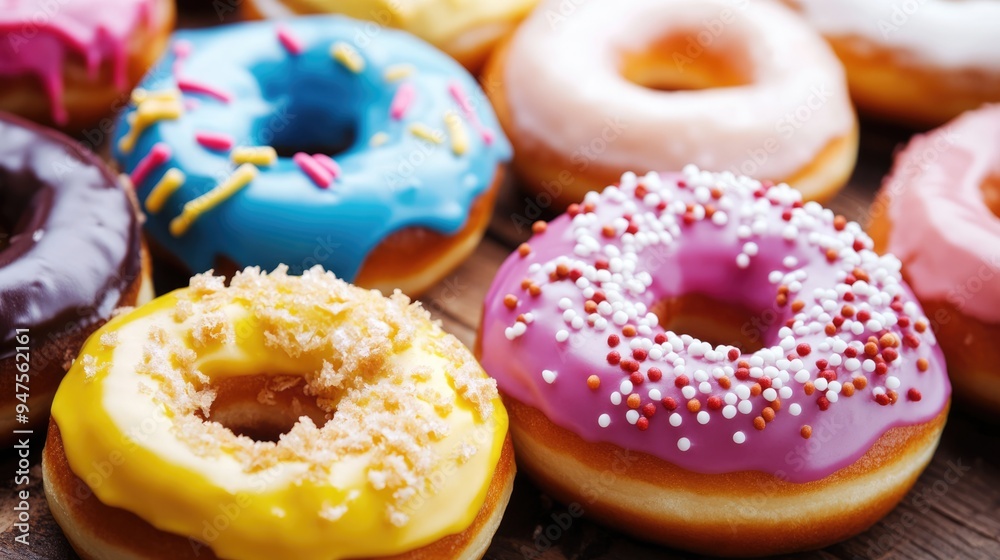 A mouthwatering display of colorful donuts featuring delicious glazes and toppings, arranged closely on a weathered wooden surface, perfect for dessert lovers A mouthwatering display of colorful donuts featuring delicious glazes and toppings, arranged closely on a weathered wooden surface, perfect for dessert lovers