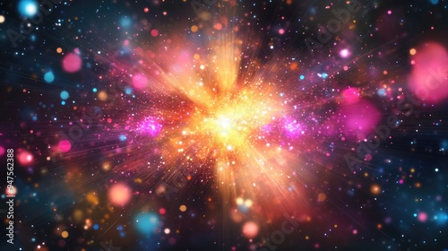 Explosive star with a multicolored abstract background featuring a stunning illustration of particles and radiant rays