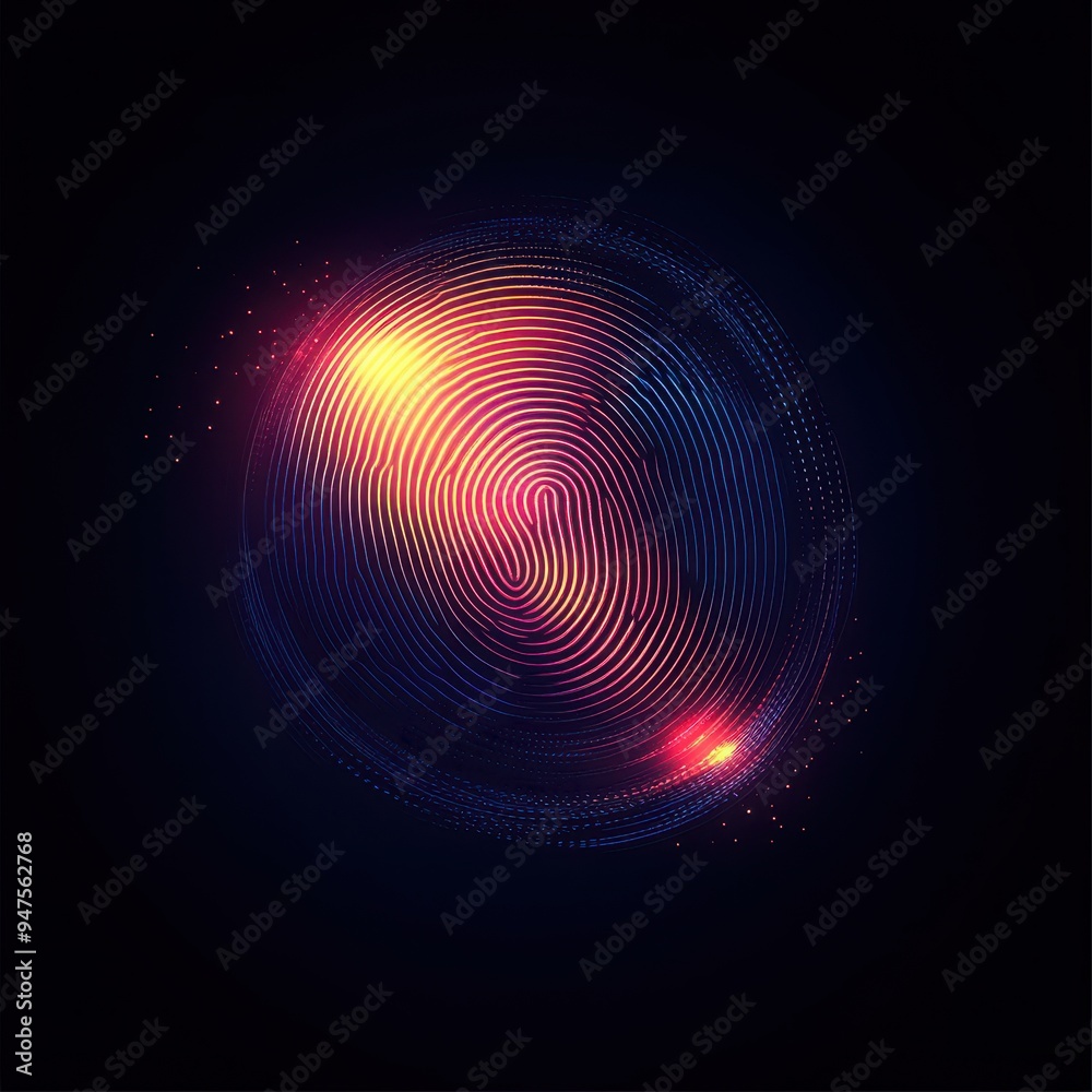 Fototapeta premium Abstract Fingerprint with Neon Lights and Glittering Particles - Digital Identity, Biometric, Security Concept.