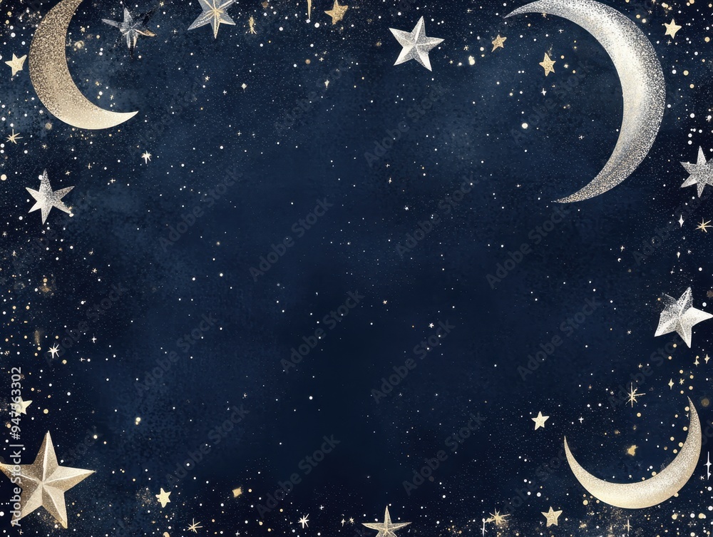 Naklejka premium Gold and Silver Glitter Stars and Moon on a Dark Blue Background for Holiday Card or Invitation