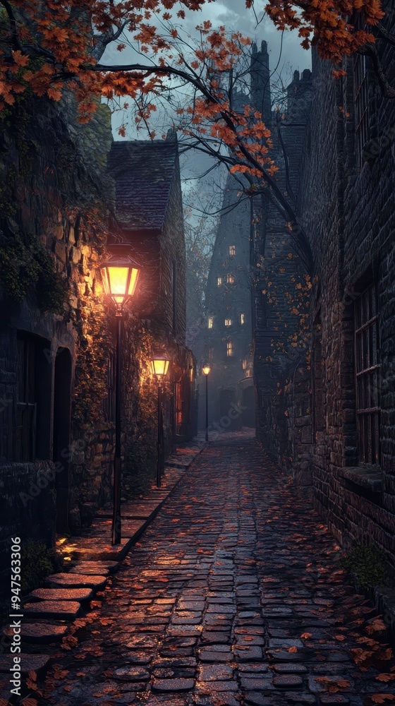 Obraz premium Cobblestone Alleyway in a Medieval Town at Dusk with Autumn Leaves and Streetlights