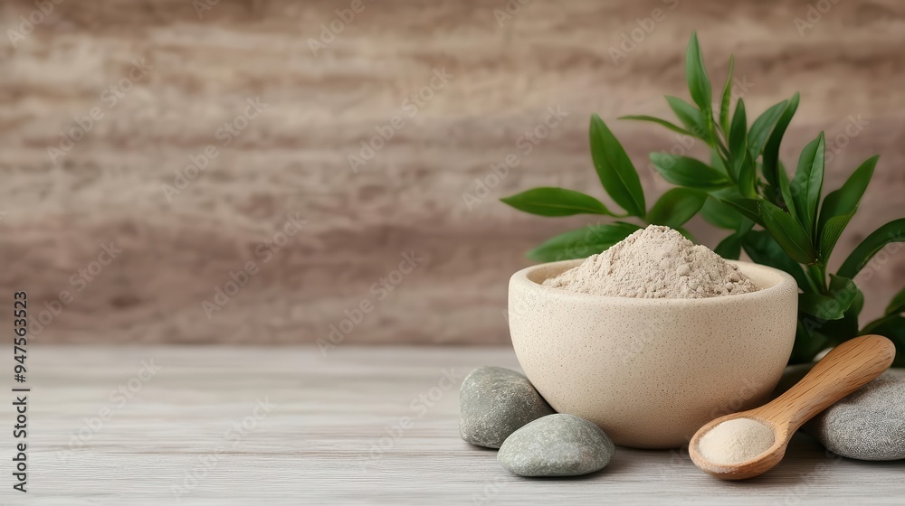 A soothing bowl of powder rests on a wooden table, surrounded by stones and fresh leaves, creating a tranquil ambiance. A soothing bowl of powder rests on a wooden table, surrounded by stones and fresh leaves, creating a tranquil ambiance.