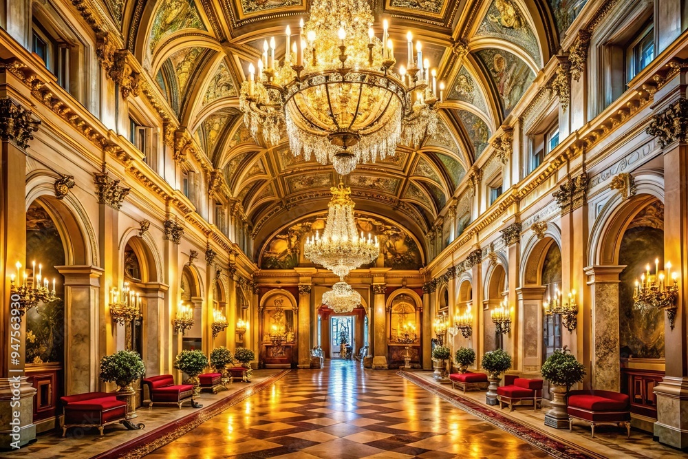 Silken banners unfurl, majestic carriages sweep in, opulent fabrics shimmer, and regal music echoes through the halls, announcing the esteemed guest's grand entrance.