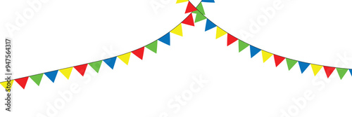 Celebrate hanging triangular garlands with confetti. Colorful perspective flags party isolated on white background. Birthday, Christmas, anniversary, and festival fair. Vector illustration in eps 10.