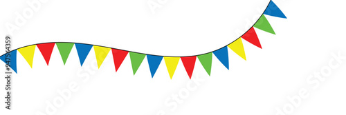 Celebrate hanging triangular garlands with confetti. Colorful perspective flags party isolated on white background. Birthday, Christmas, anniversary, and festival fair. Vector illustration in eps 10.