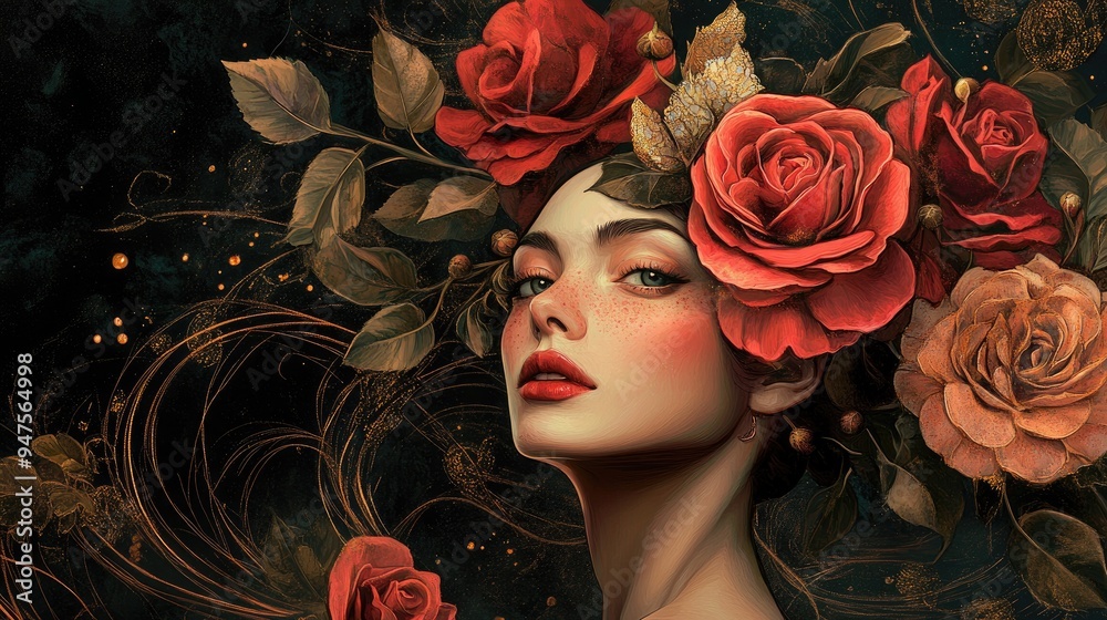 Surreal illustration of a woman adorned with a rose themed headpiece Surreal illustration of a woman adorned with a rose themed headpiece