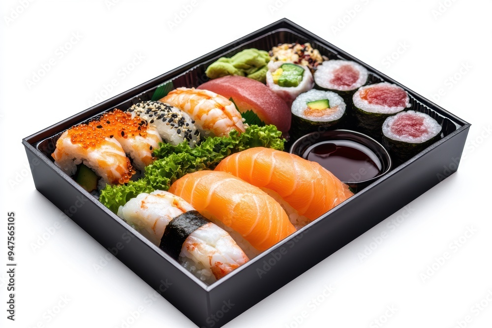 a bento box featuring sushi, sashimi, and soy sauce. a bento box featuring sushi, sashimi, and soy sauce.