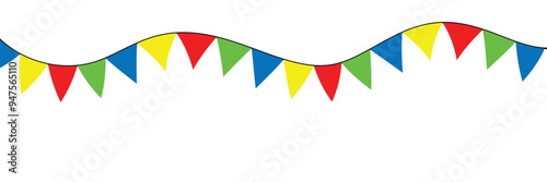 Celebrate hanging triangular garlands with confetti. Colorful perspective flags party isolated on white background. Birthday, Christmas, anniversary, and festival fair. Vector illustration in eps 10.