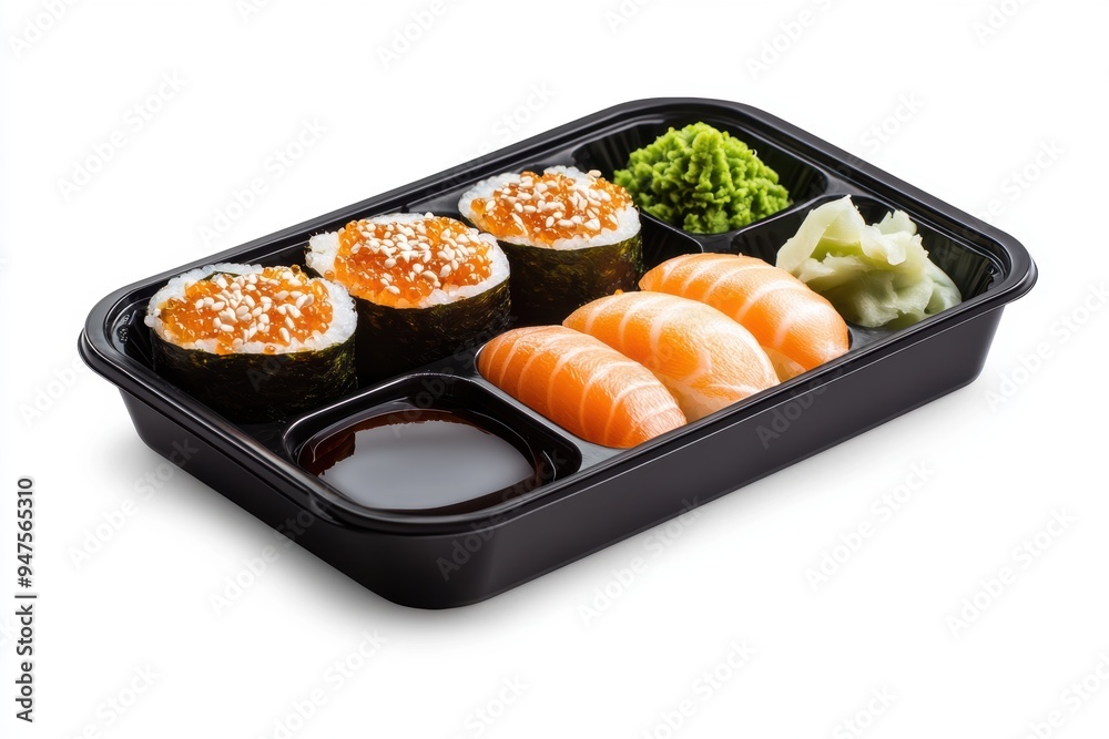 a bento box featuring sushi, sashimi, and soy sauce. a bento box featuring sushi, sashimi, and soy sauce.
