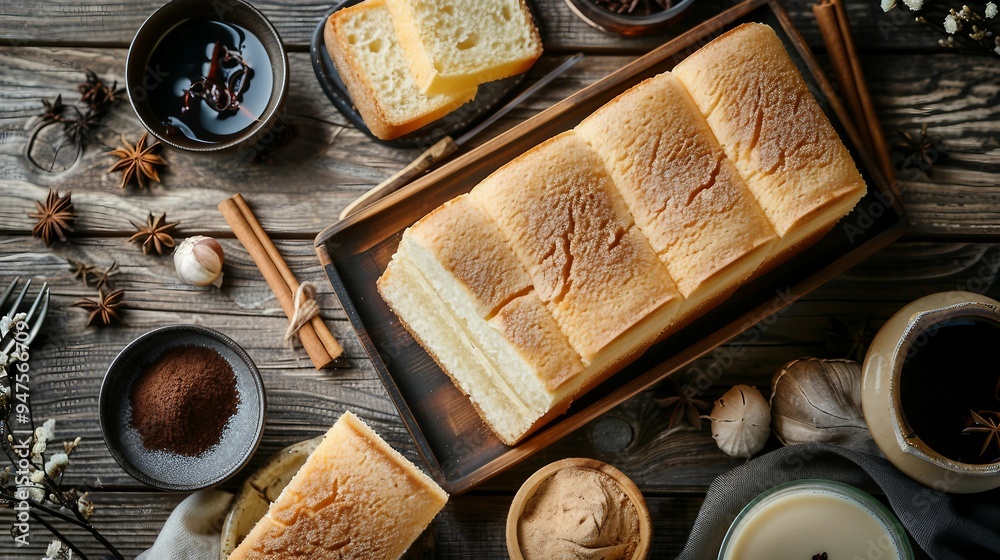 Traditional Taiwanese Castella Kasutera Sponge Cake on Wooden Tray with Ingredients Close Up Traditional Taiwanese Castella Kasutera Sponge Cake on Wooden Tray with Ingredients Close Up