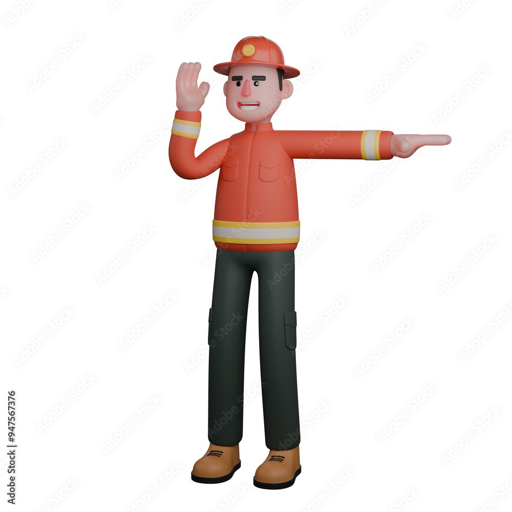 Professional Male Firefighter in 3D Animation. A firefighter is giving directional instructions to the team or citizens using hand gestures. Rescue Professional Male Firefighter in 3D Animation. A firefighter is giving directional instructions to the team or citizens using hand gestures. Rescue