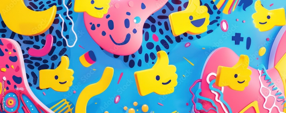 Thumbs-up emojis amidst a background of abstract, colorful shapes and lively designs, creating a joyful vibe. Thumbs-up emojis amidst a background of abstract, colorful shapes and lively designs, creating a joyful vibe.