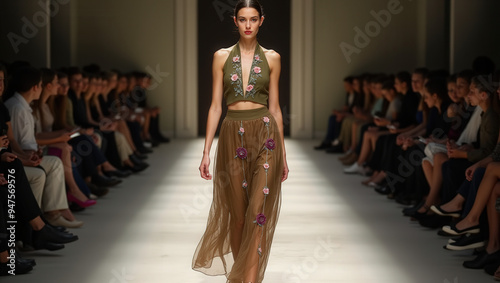 Stunning Fashion Week Runway Shots: Models in Chic Olive and Brown Silk Outfits with Floral Embroidery - High-Resolution Images for Editorial Use