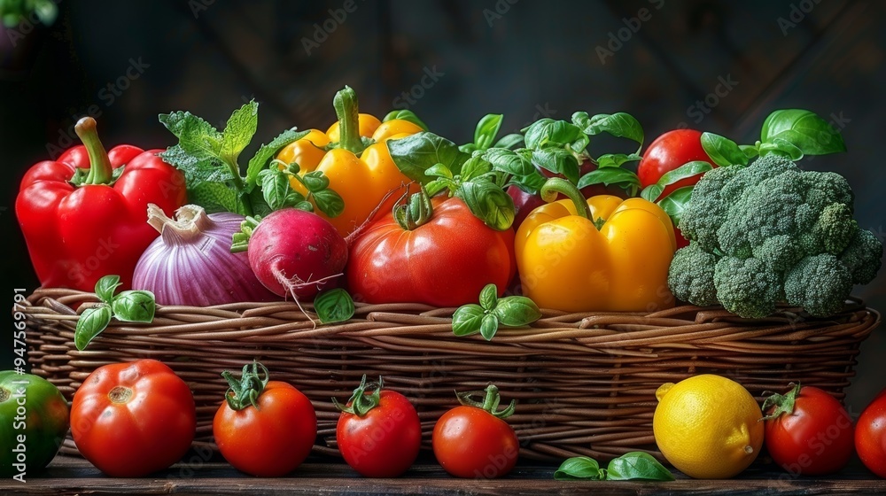 Various fresh ingredients neatly arranged on a kitchen countertop, fruits and vegetables Various fresh ingredients neatly arranged on a kitchen countertop, fruits and vegetables
