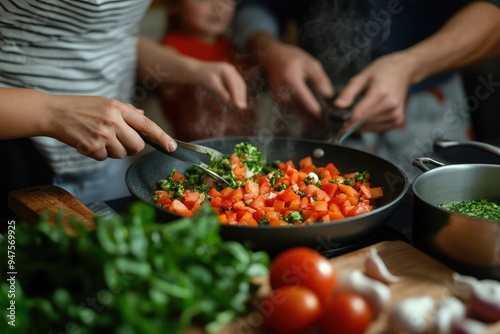 Cooking Together as a Family: A family in the kitchen, cooking a meal together. The focus is on the preparation of the food, with parents and children working together, chopping vegetables, and stirri