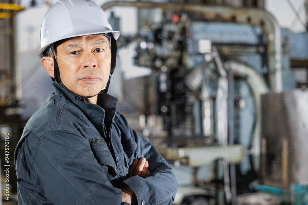 Supervisor of a manufacturing site wearing a white helmet with a machine tool in the background. Supervisor of a manufacturing site wearing a white helmet with a machine tool in the background.