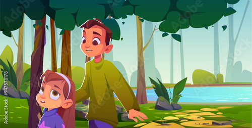 Children near beautiful forest lake landscape. Unhappy boy and girl alone in nature environment with water. Character with upset and worried expression in outdoor summer game scenery design.