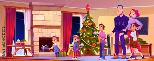 Christmas living room and worried family vector. Xmas home interior with indoor decoration and lights in evening. Confused man and woman inside holiday apartment with curtain, carpet on floor