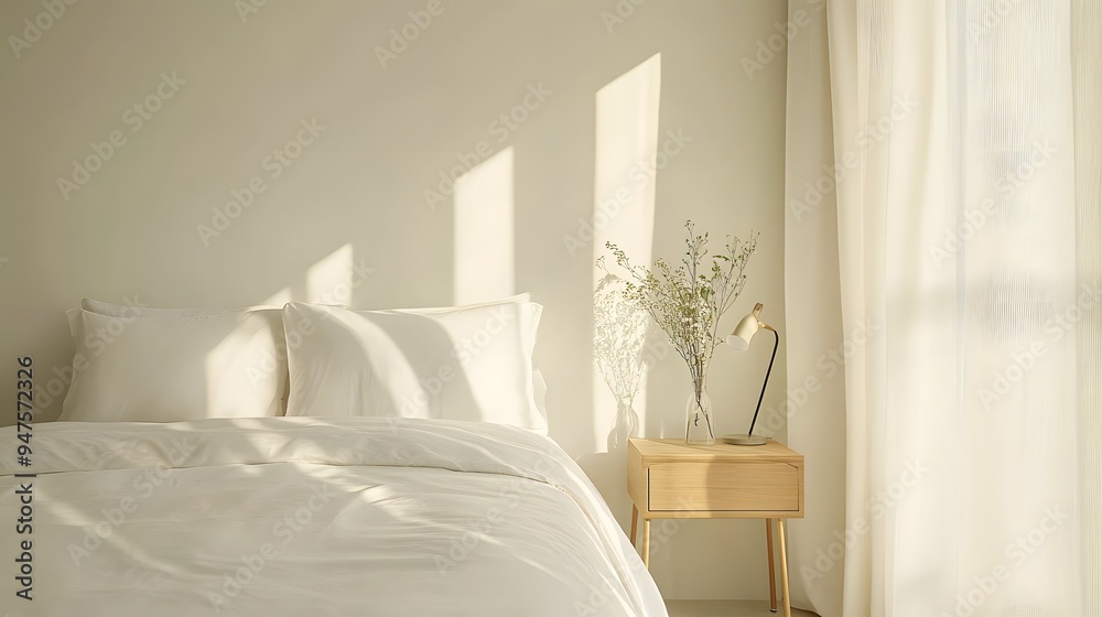 Minimalist bedroom with white bedding, a wooden nightstand, and a single lamp Minimalist bedroom with white bedding, a wooden nightstand, and a single lamp