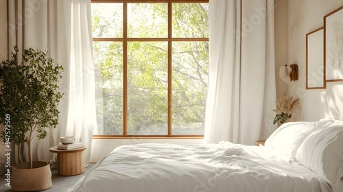 A neutral-toned bedroom with white linens and a large window with natural light