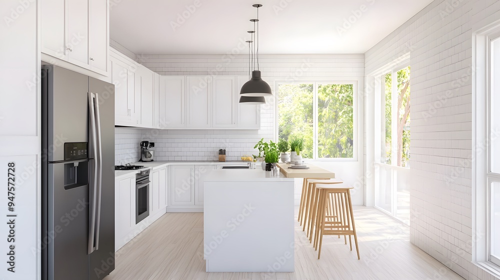 Fototapeta premium Simple kitchen layout with a white countertop and modern appliances