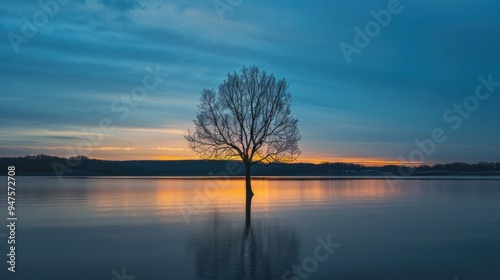 Solitary Tree at Sunrise Over a Lake