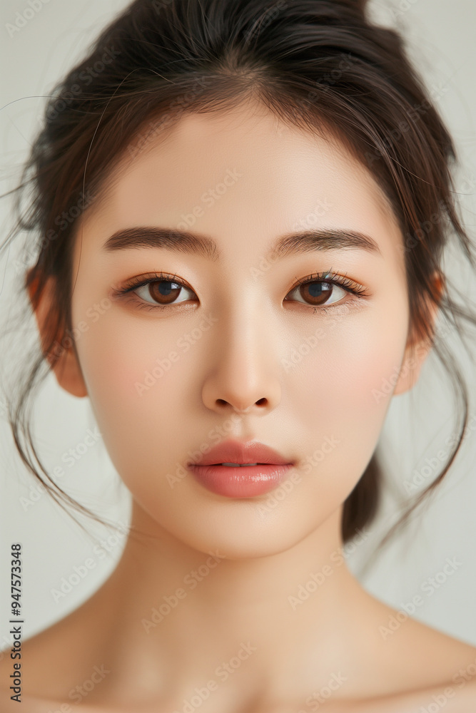 Naklejka premium portrait of a young beautiful korean woman with perfect skin