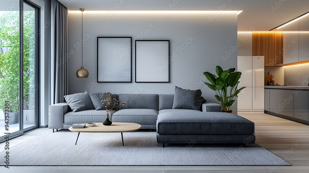 Fototapeta premium Open and uncluttered living room with a grey sofa and minimal decor