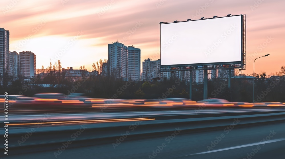 Large White Billboard on Highway with Motion Blur Cars and Long Exposure City Background Large White Billboard on Highway with Motion Blur Cars and Long Exposure City Background