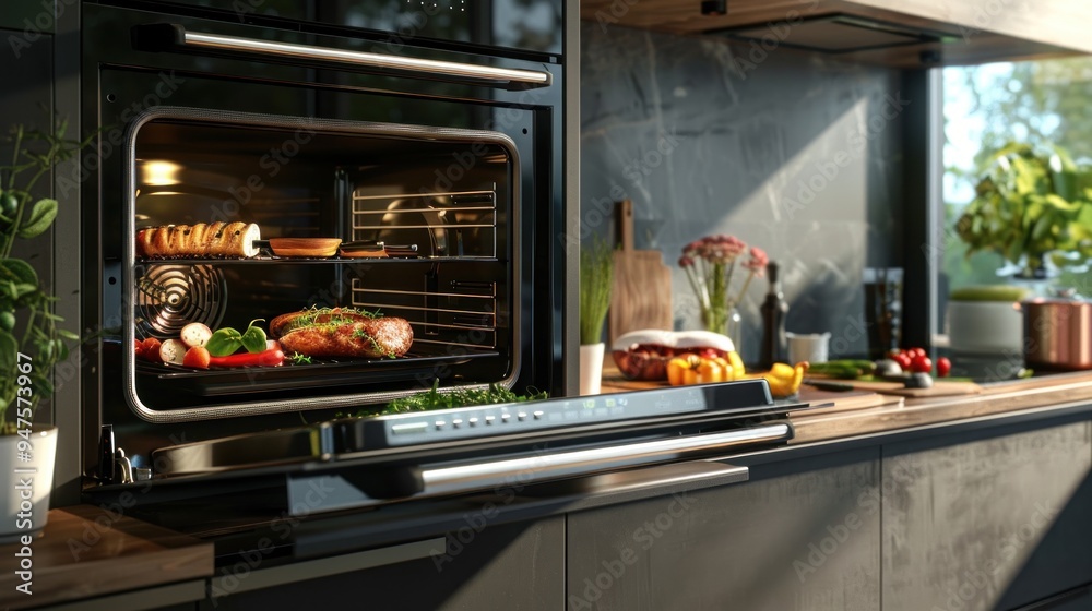 Modern Kitchen Oven With Delicious Roasting Meat And Vegetables Modern Kitchen Oven With Delicious Roasting Meat And Vegetables