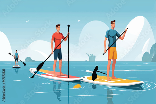 boy practice paddle board and girl canoeing