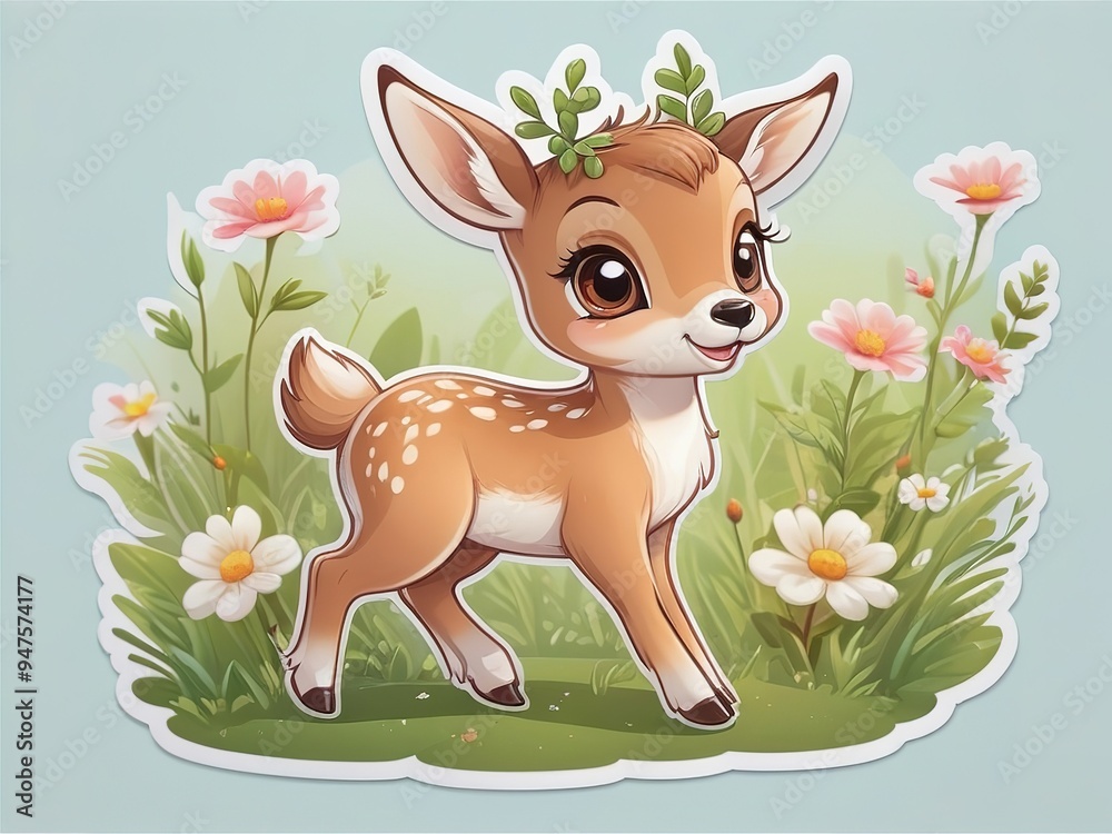 Cartoon deer in grass, smelling a red flower, isolated. Cartoon deer in grass, smelling a red flower, isolated.