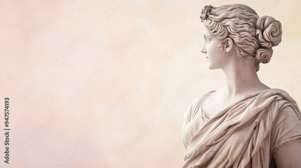 Woman's antique greek statue on the right side with copy space, solid color background, grey-beige color theme Woman's antique greek statue on the right side with copy space, solid color background, grey-beige color theme