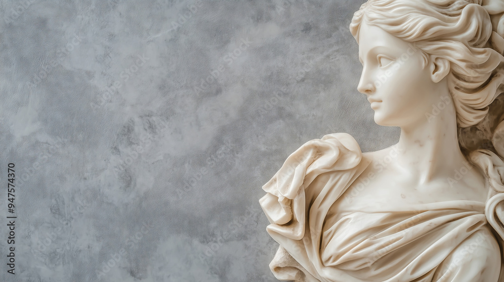 Naklejka premium PPhoto of a woman's figure carved in marble on the right side, on a light gray background with copy space for text.
